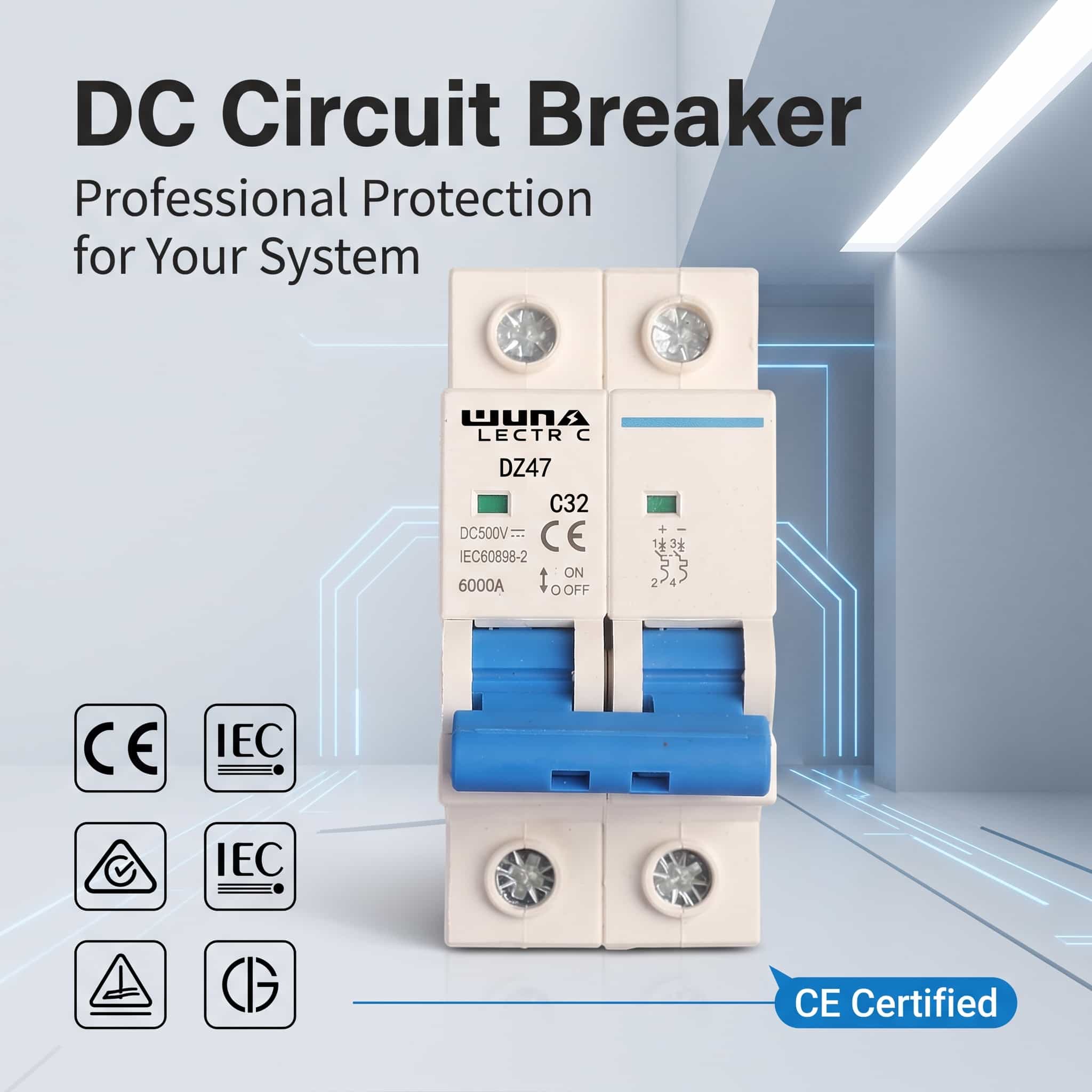 Disjuntor miniatura DC de 2 pólos DZ47 C32 500V